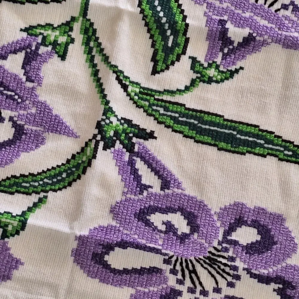 Vintage hand embroidered standard pillow case set of 2 purple flowers